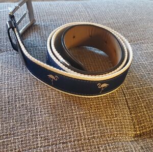 Navy Blue Flamingo Print Men's Belt Canvas And Leather